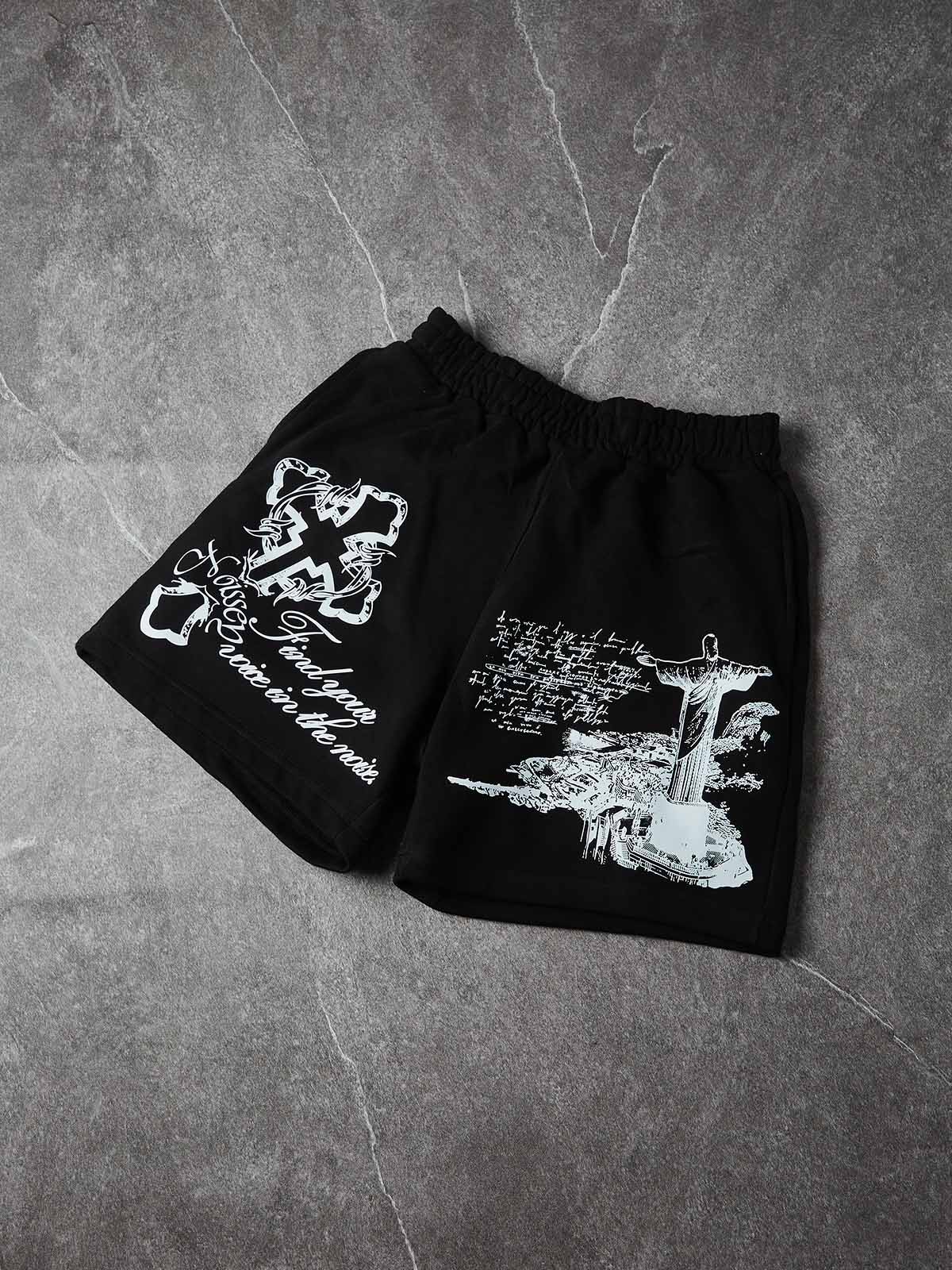 NOISSEY Waters of Faith Christ Cross Art Distressed Print Shorts-Onyx Black - Image 5