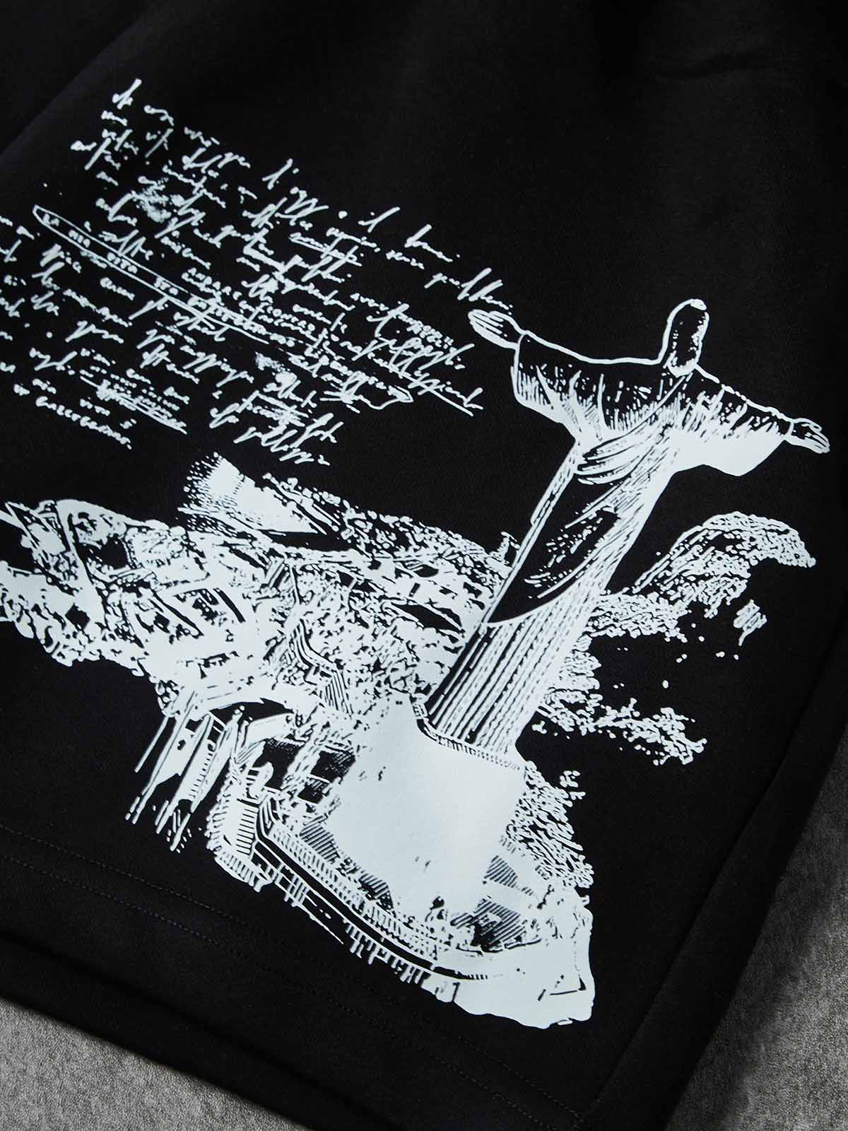 NOISSEY Waters of Faith Christ Cross Art Distressed Print Shorts-Onyx Black - Image 6