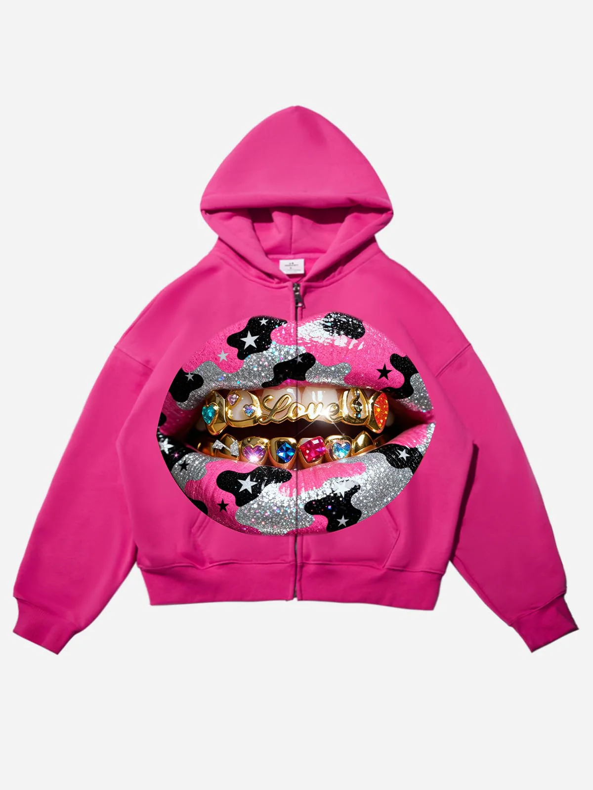 Y2K Dopamine Color Camouflage Grillz Pink Warm Boxy Hoodie