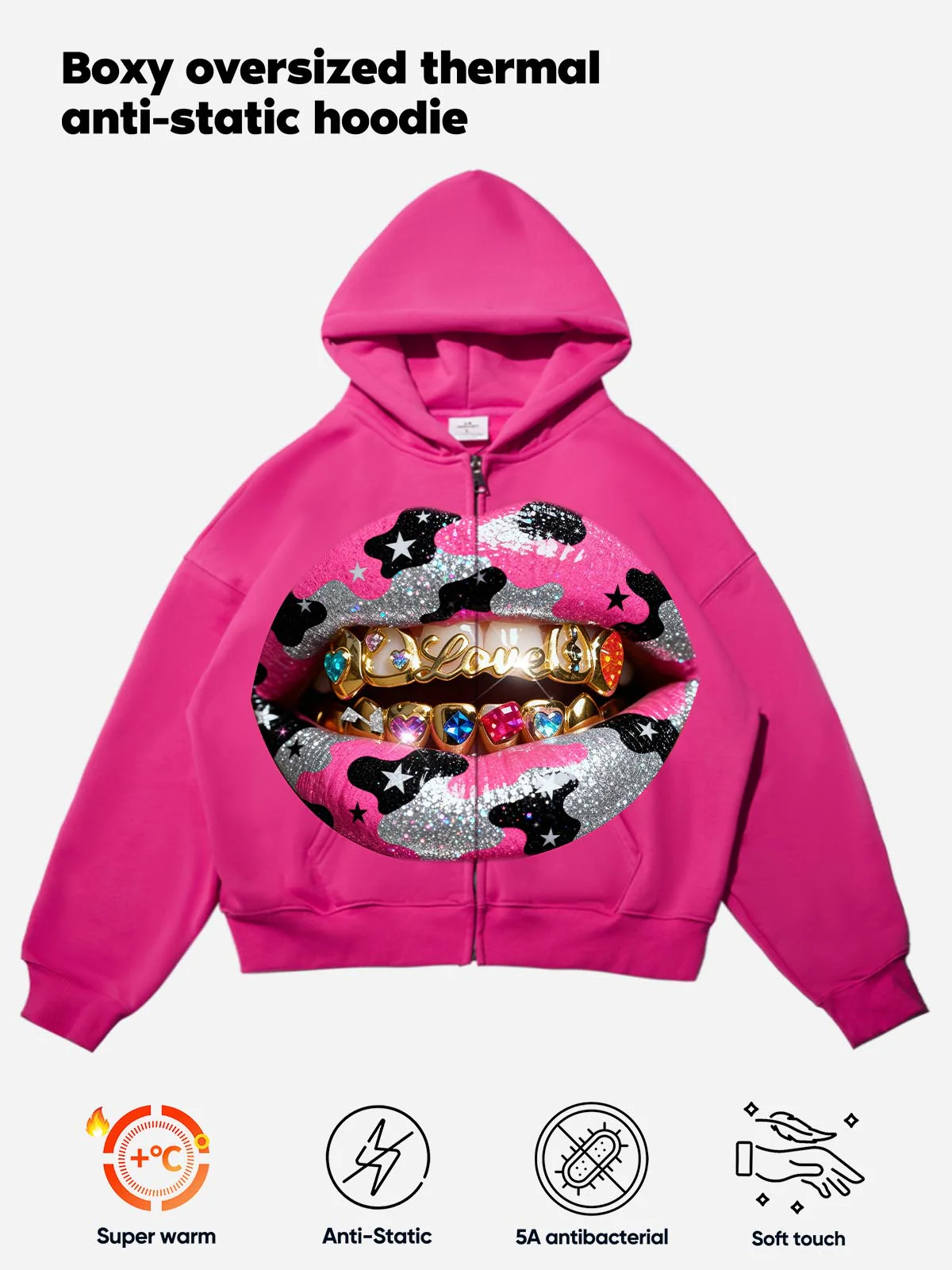 Y2K Dopamine Color Camouflage Grillz Pink Warm Boxy Hoodie - Image 2